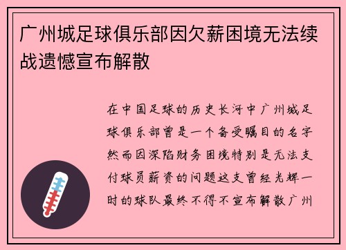 广州城足球俱乐部因欠薪困境无法续战遗憾宣布解散